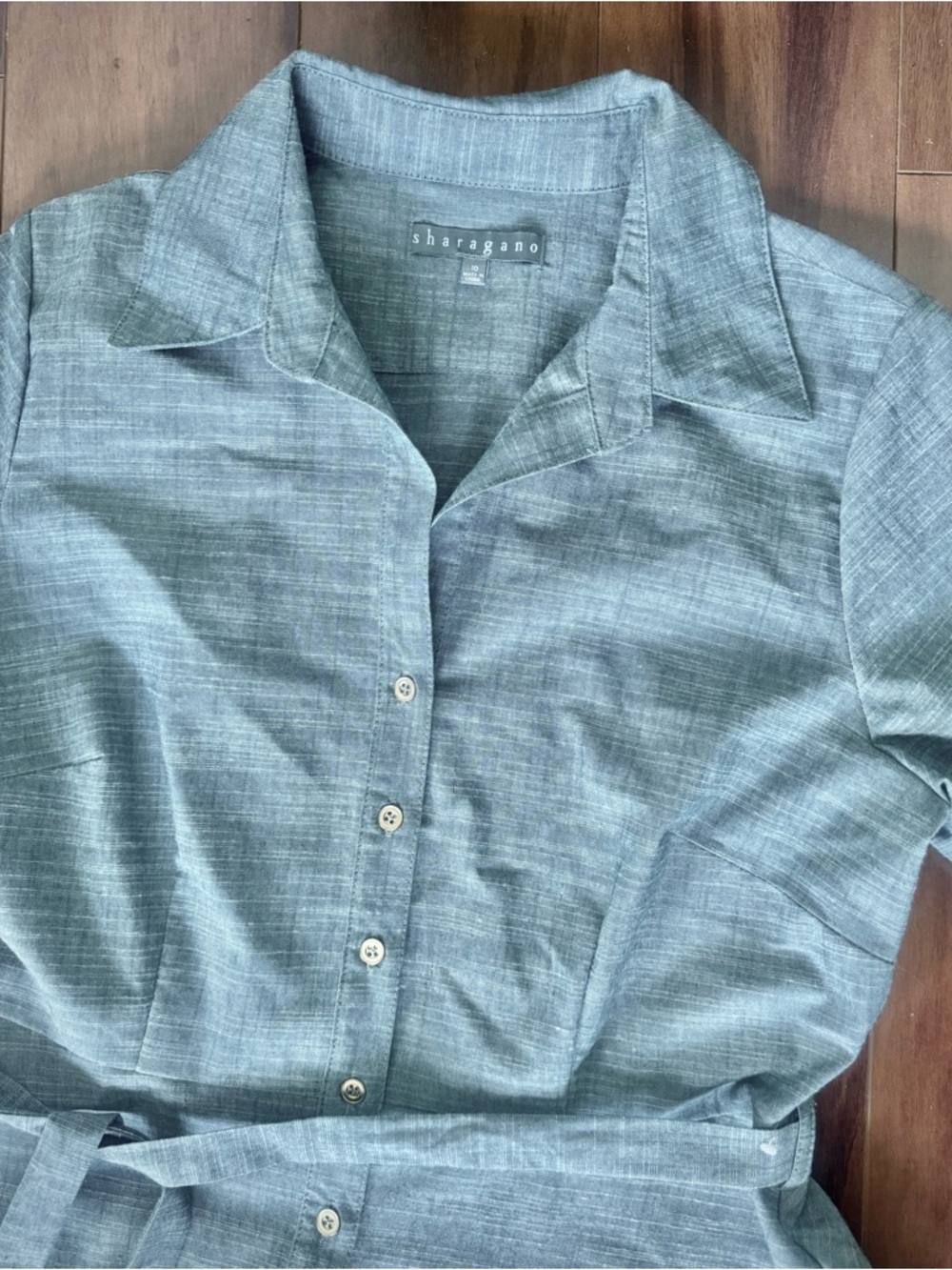 Sharagano Dusty Blue Tie-Waist Button Front Midi Shirt Dress with Pockets - Picture 6 of 8